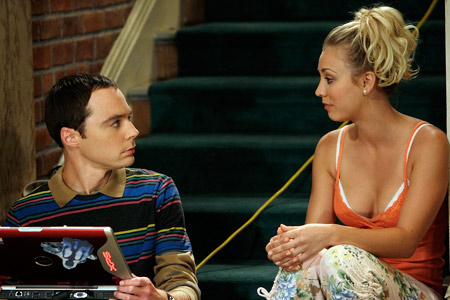Penny and Sheldon sit outside the apartment and talk while Leonard takes 