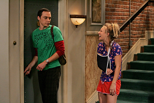 With Leonard gone Sheldon helps an injured Penny She looks a little loopy